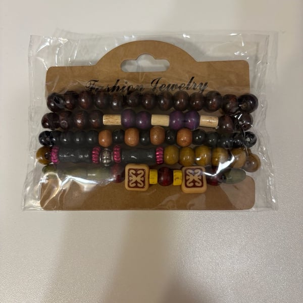 Fashion Jewelry Wooden Beaded Stack Bracelet Set of 5