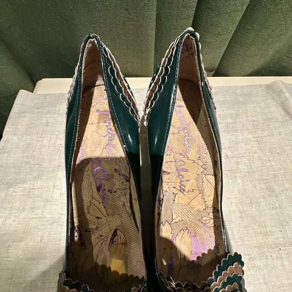 Irregular Choice Patent Heels Green Gold Scalloped Buttons