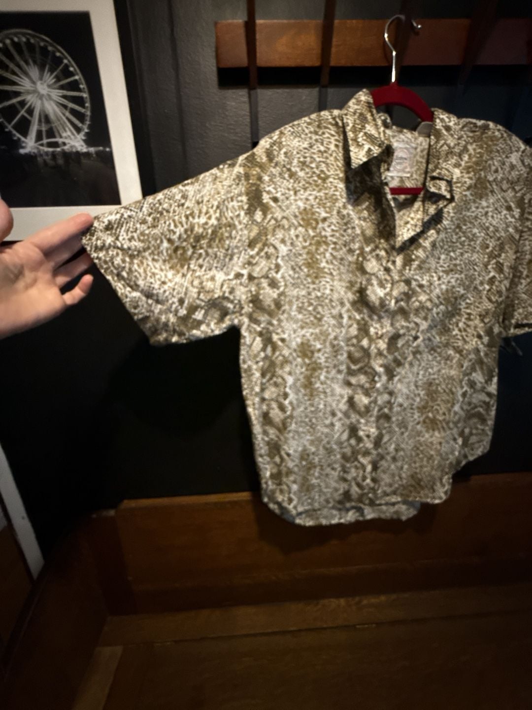 80’s Vintage Andrew Sport Button Down Shirt Size M Snake Print Short Sleeve 6