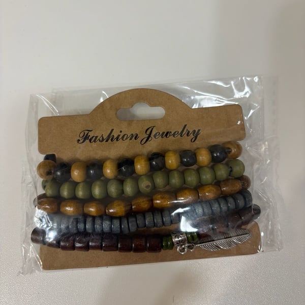 Fashion Jewelry Boho Wooden Bead Stackable Bracelet Set 5-Piece