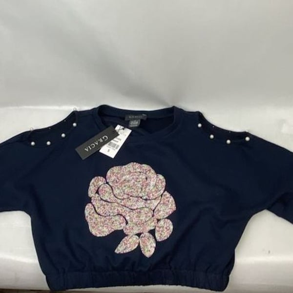 Gracia Navy Blue Floral Rose Sequiened Crop Top Short Sleeve 