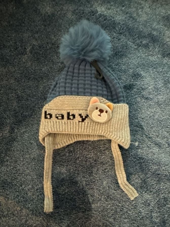 Unbranded Baby Bear Earflap Beanie Hat Blue Knit Pom Pom 2