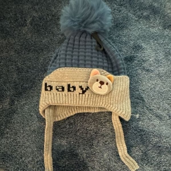 Unbranded Baby Bear Earflap Beanie Hat Blue Knit Pom Pom