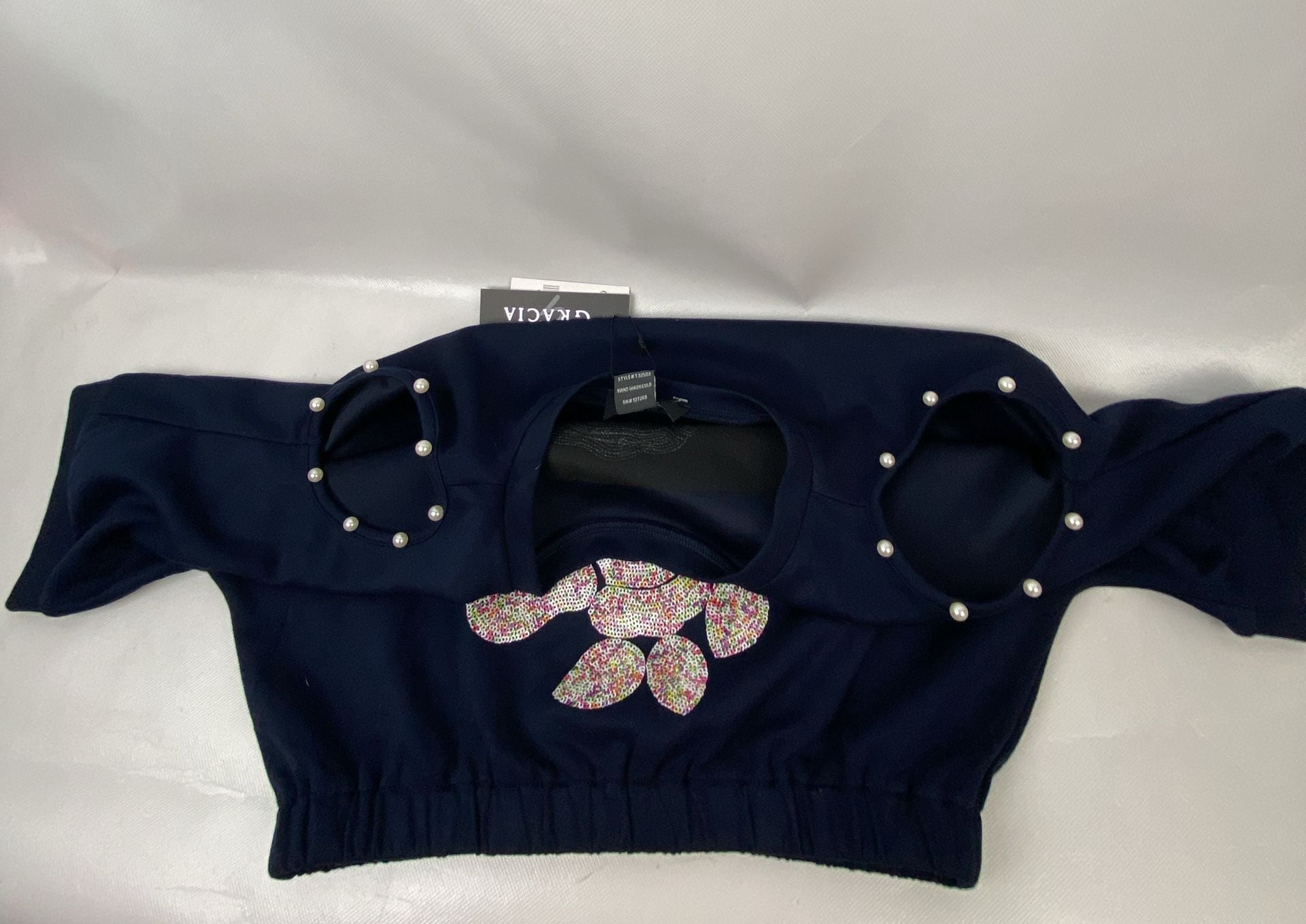 Gracia Navy Blue Floral Rose Sequiened Crop Top Short Sleeve  7