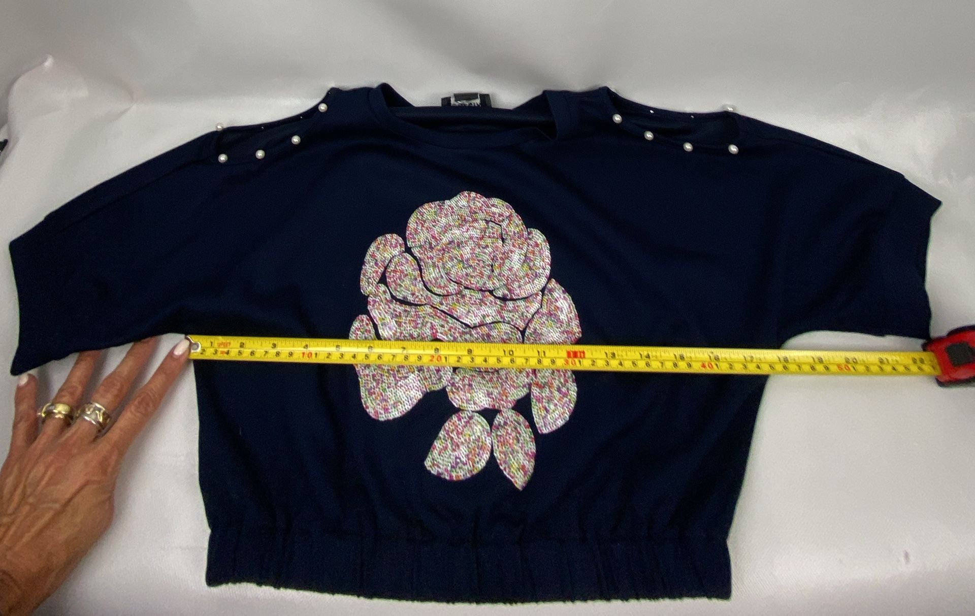 Gracia Navy Blue Floral Rose Sequiened Crop Top Short Sleeve  8