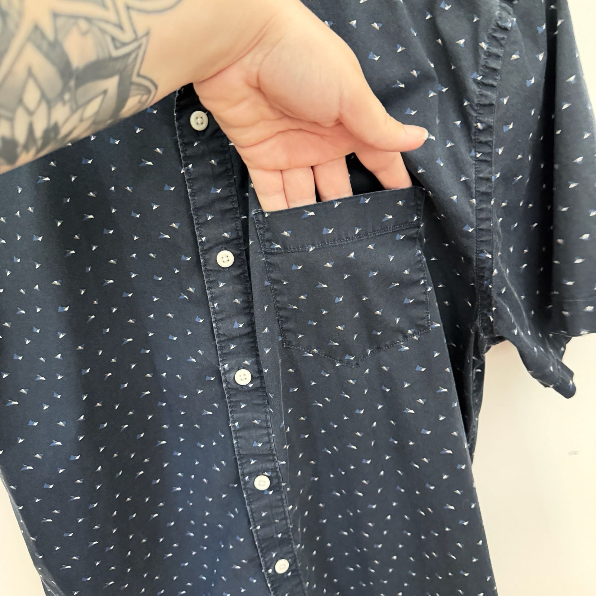 Hawker Rye Short Sleeve Button Down Shirt Navy Blue Print 4