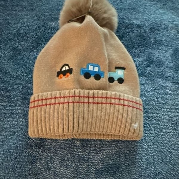 Kids Transportation Pom Pom Beanie Car Design Beige Winter Hat