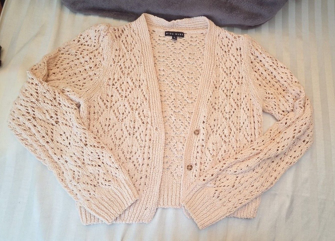 Miou Muse Pointelle Cardigan Size M Beige Knit V-Neck Sweater 2