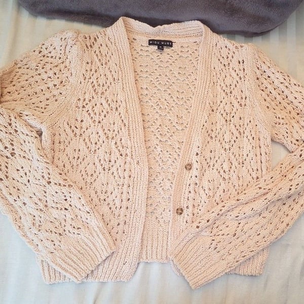 Miou Muse Pointelle Cardigan Size M Beige Knit V-Neck Sweater