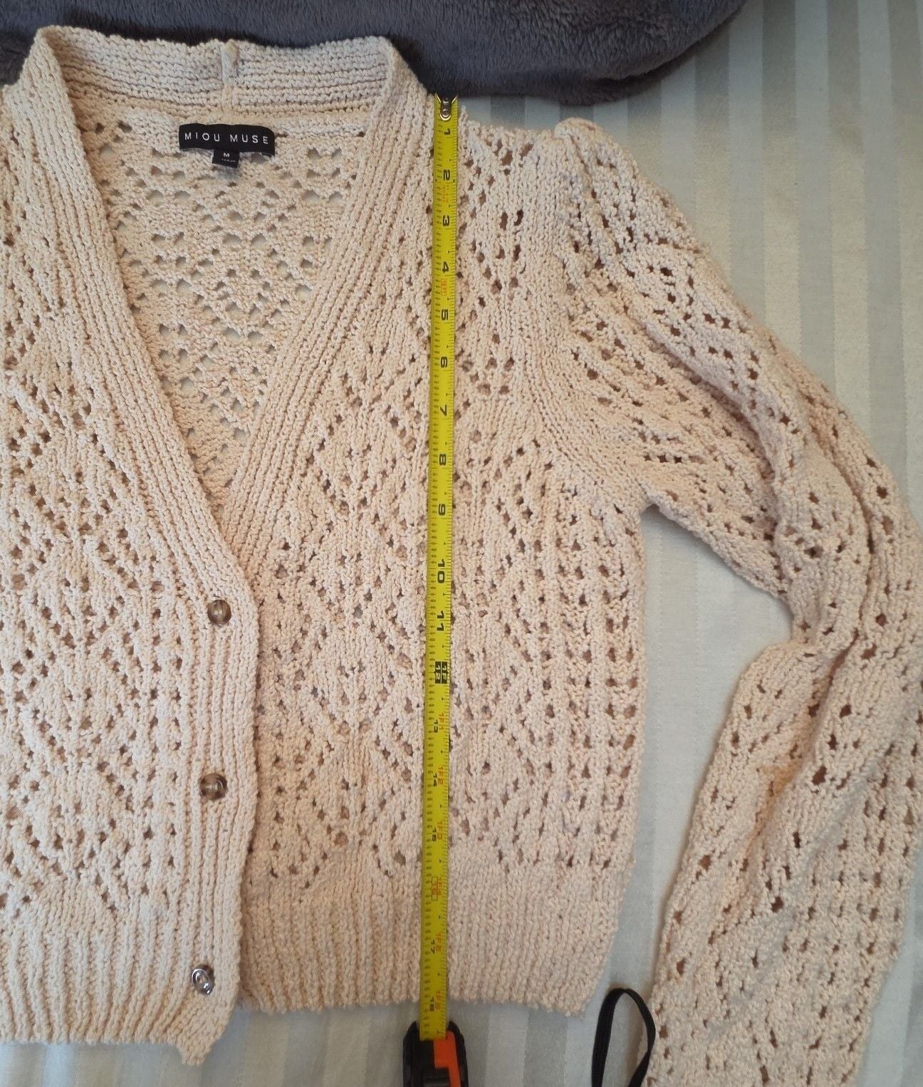 Miou Muse Pointelle Cardigan Size M Beige Knit V-Neck Sweater 5