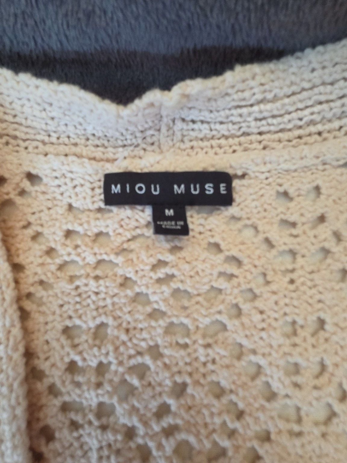 Miou Muse Pointelle Cardigan Size M Beige Knit V-Neck Sweater 3