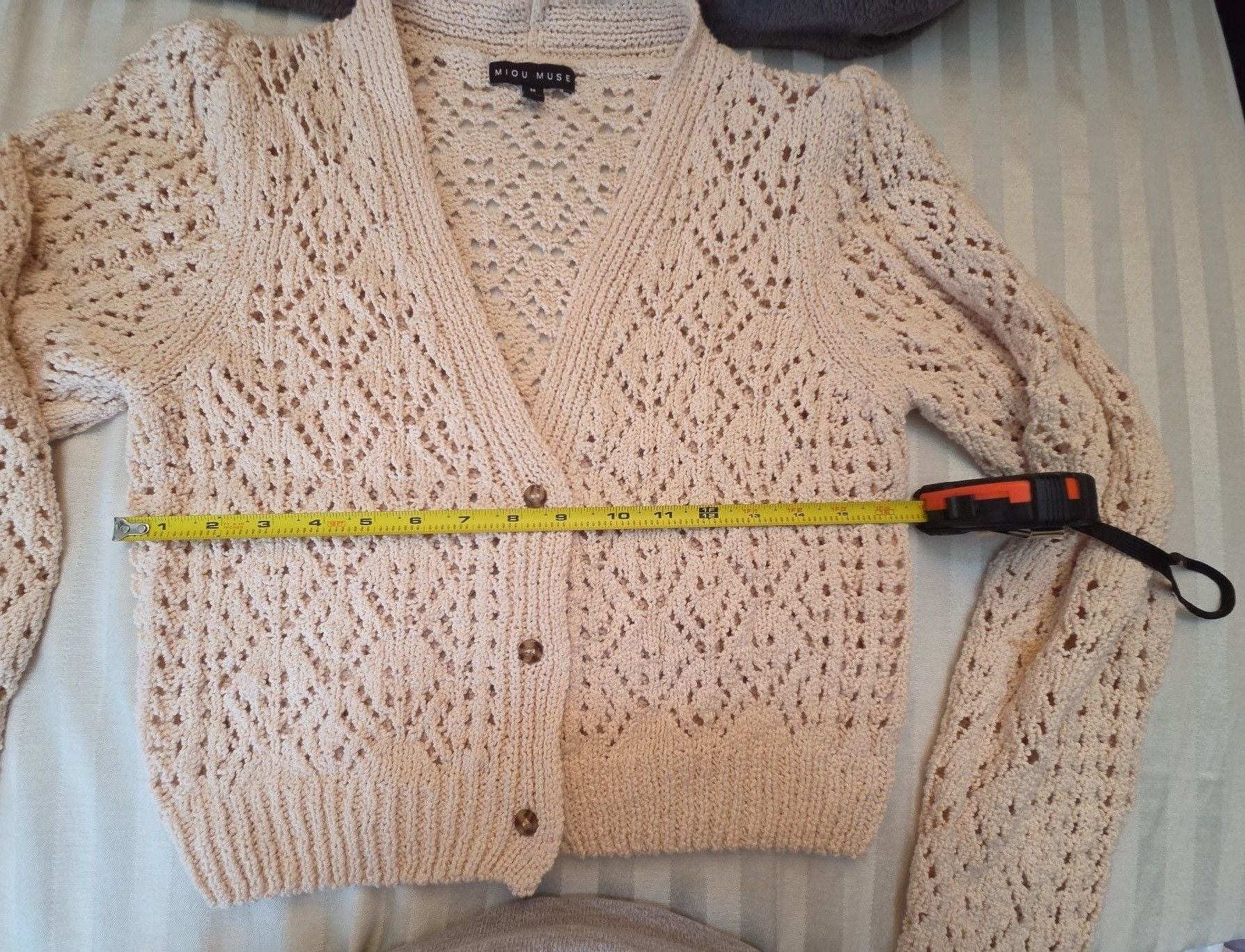 Miou Muse Pointelle Cardigan Size M Beige Knit V-Neck Sweater 4