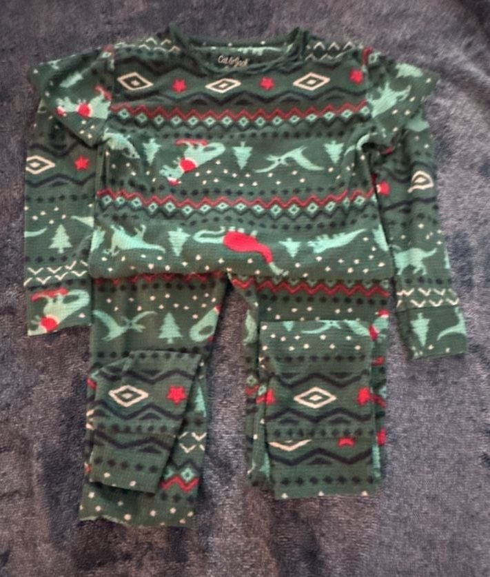 Cat & Jack Dinosaur Christmas Pajama Set Size 10 Green Thermal Fair Isle 1