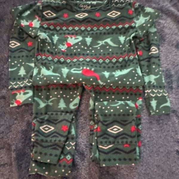 Cat & Jack Dinosaur Christmas Pajama Set Size 10 Green Thermal Fair Isle