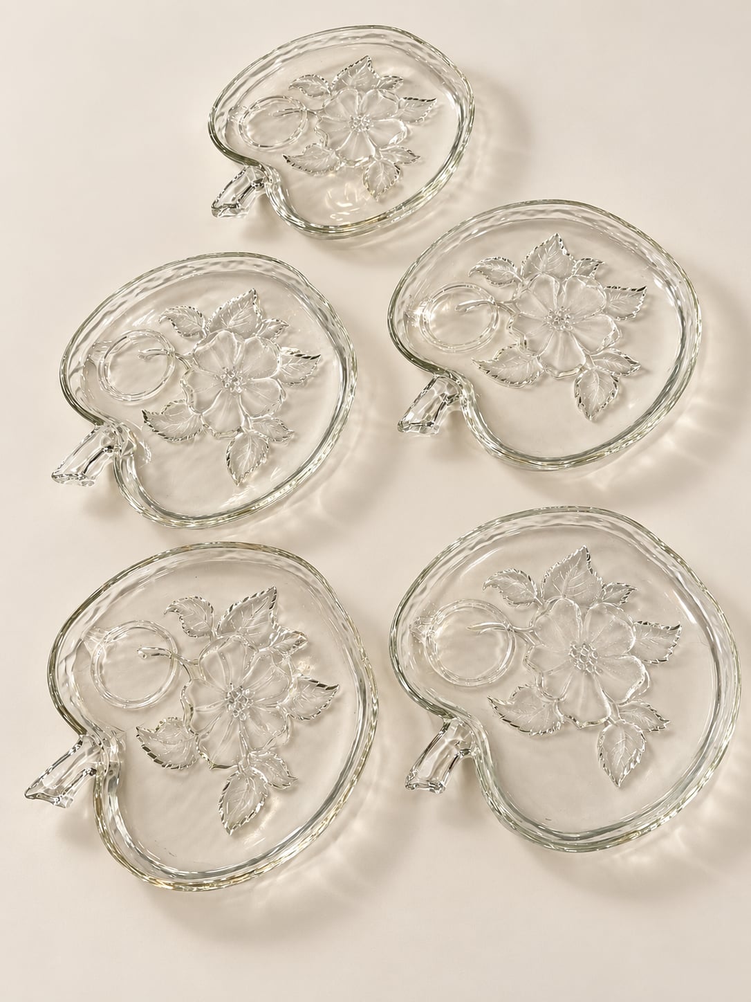 VTG Hazel Atlas Glass Snack Plates Dishes Orchard Apple Shaped Blossom Set Of 5 1