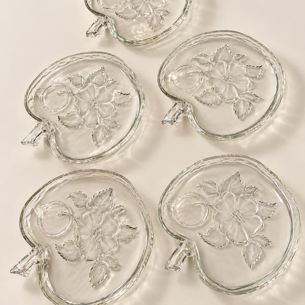 VTG Hazel Atlas Glass Snack Plates Dishes Orchard Apple Shaped Blossom Set Of 5