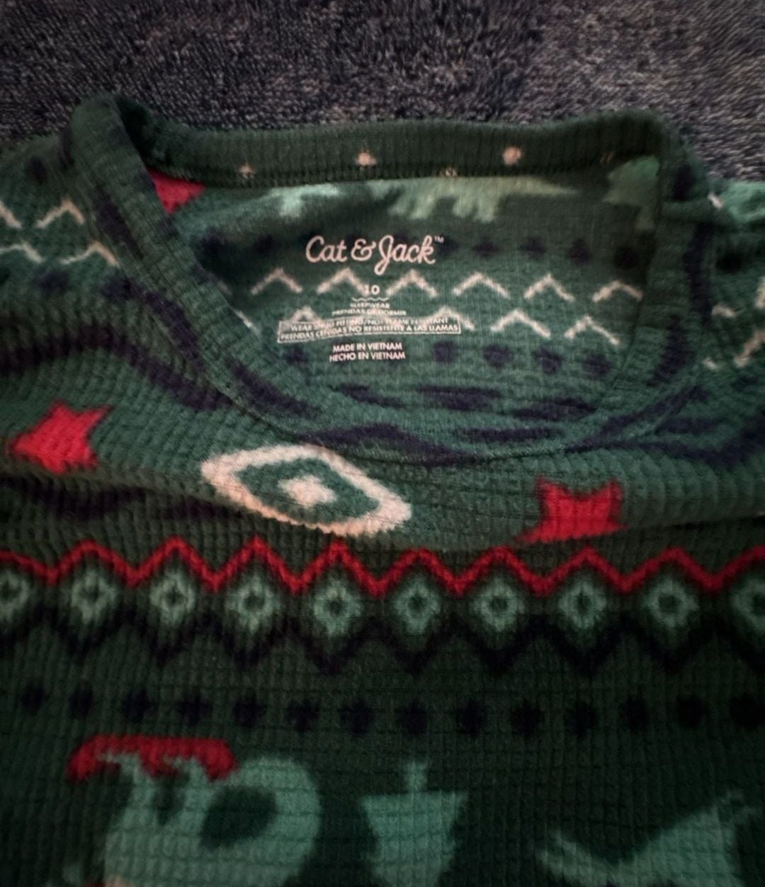 Cat & Jack Dinosaur Christmas Pajama Set Size 10 Green Thermal Fair Isle 2