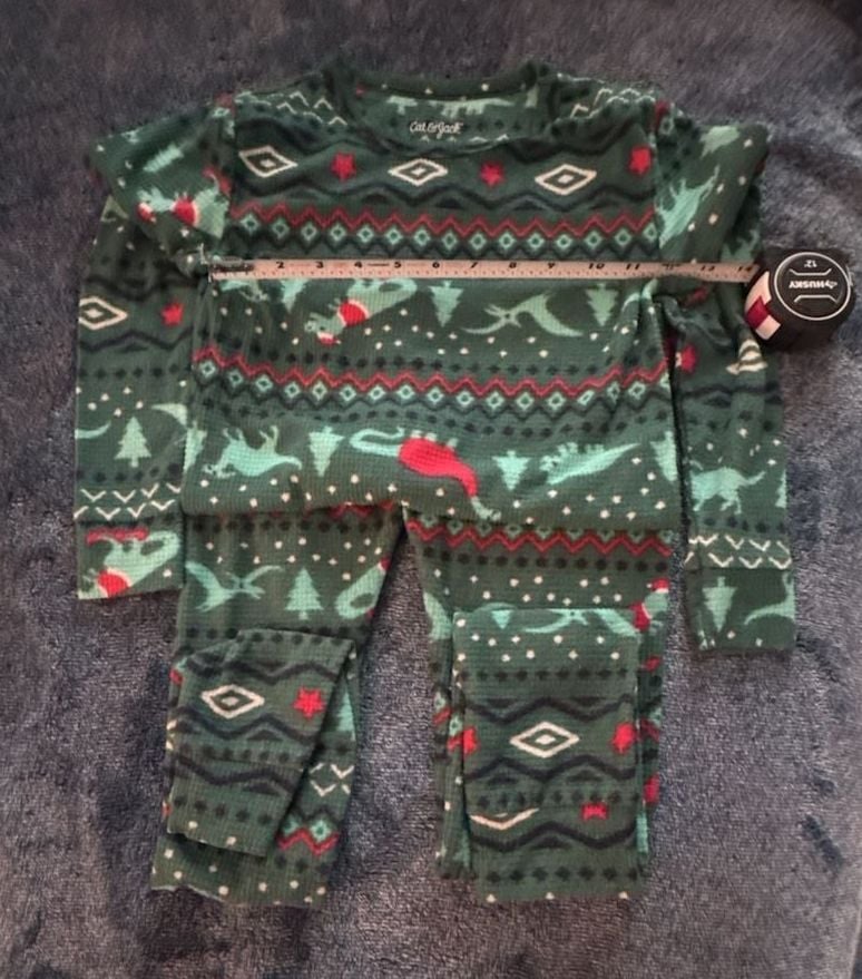 Cat & Jack Dinosaur Christmas Pajama Set Size 10 Green Thermal Fair Isle 3