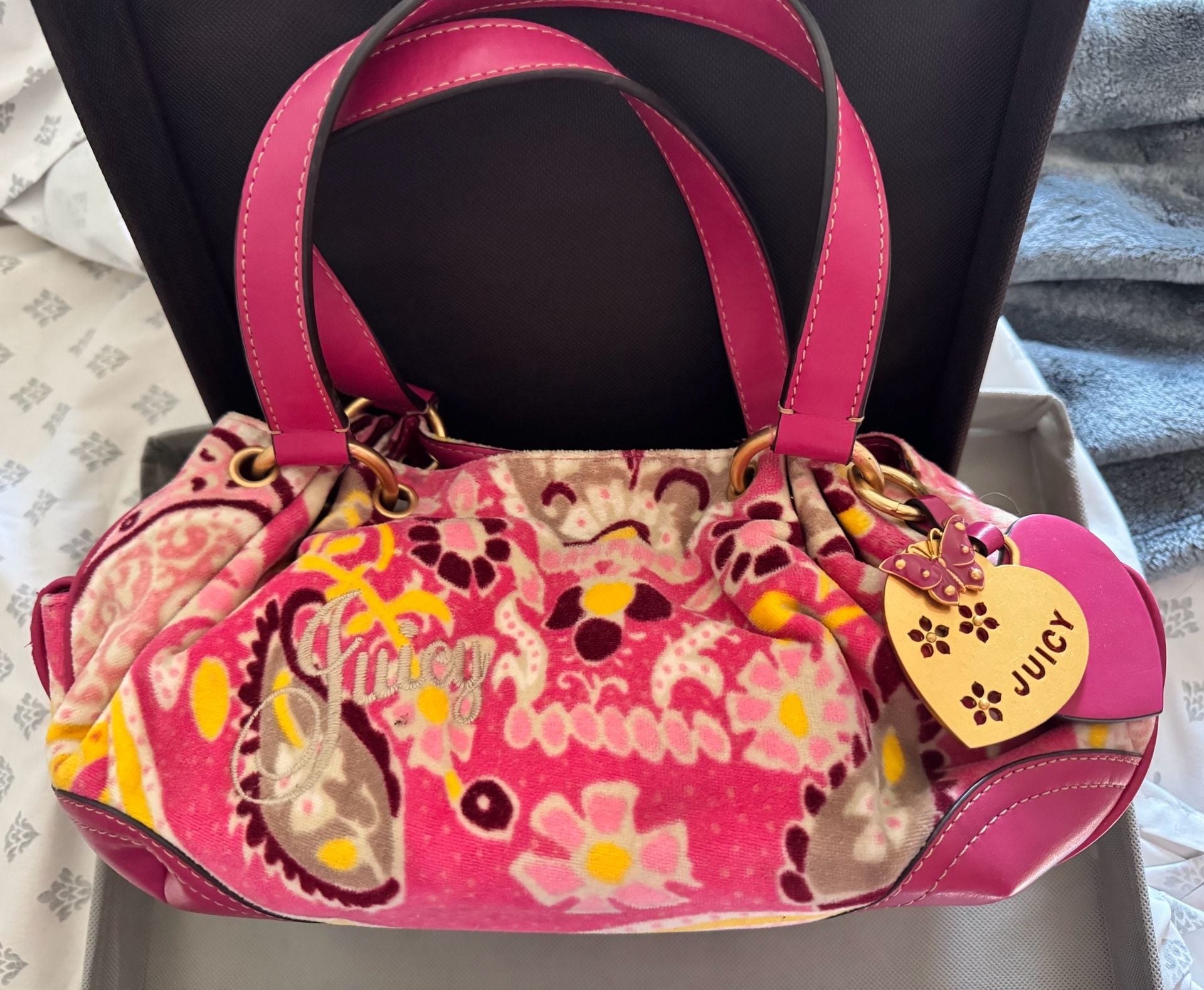 Juicy Couture Floral Terry Cloth Shoulder Bag Pink Y2K 2
