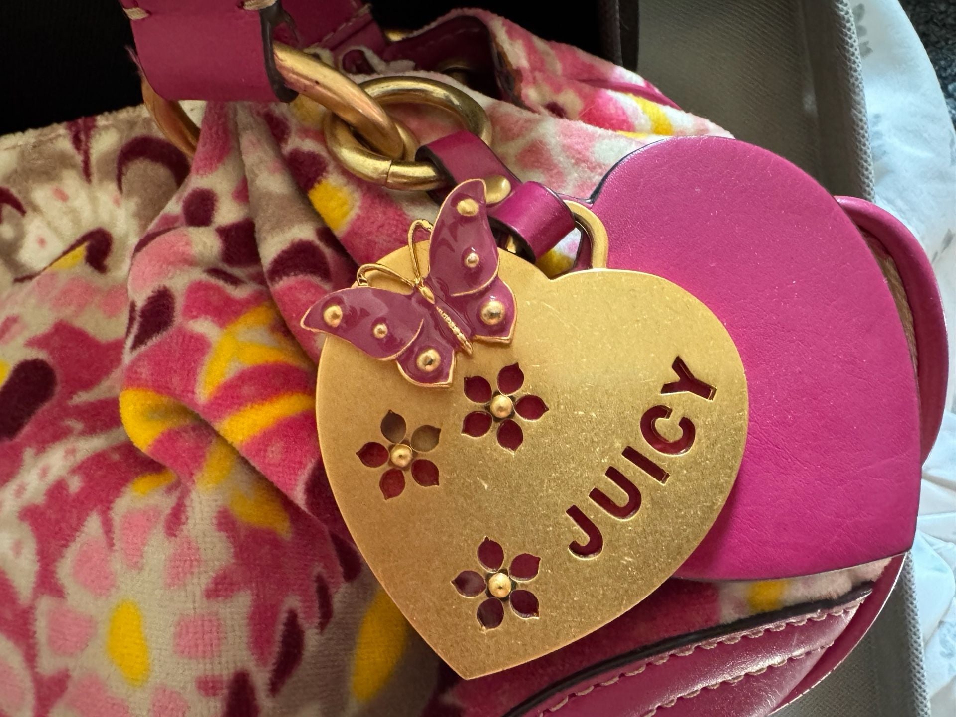 Juicy Couture Floral Terry Cloth Shoulder Bag Pink Y2K 3