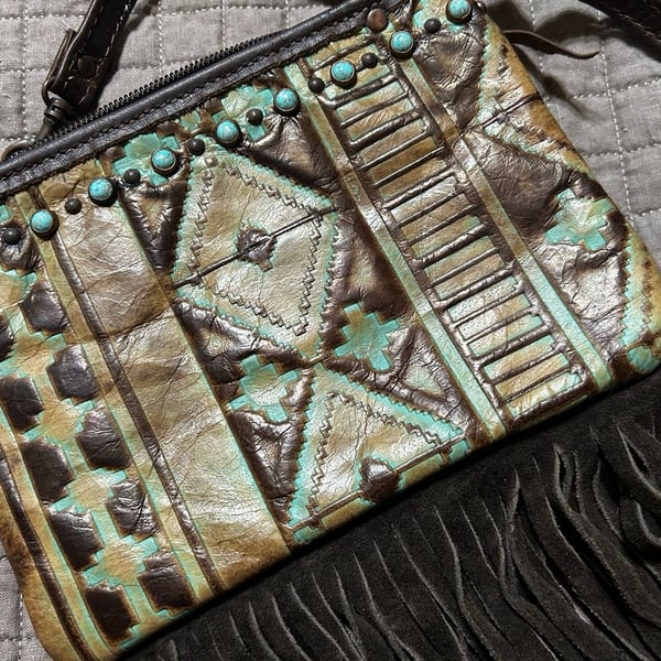 Double J Saddlery Laredo Little Clutch Turquoise Brown Leather Crossbody Bag
