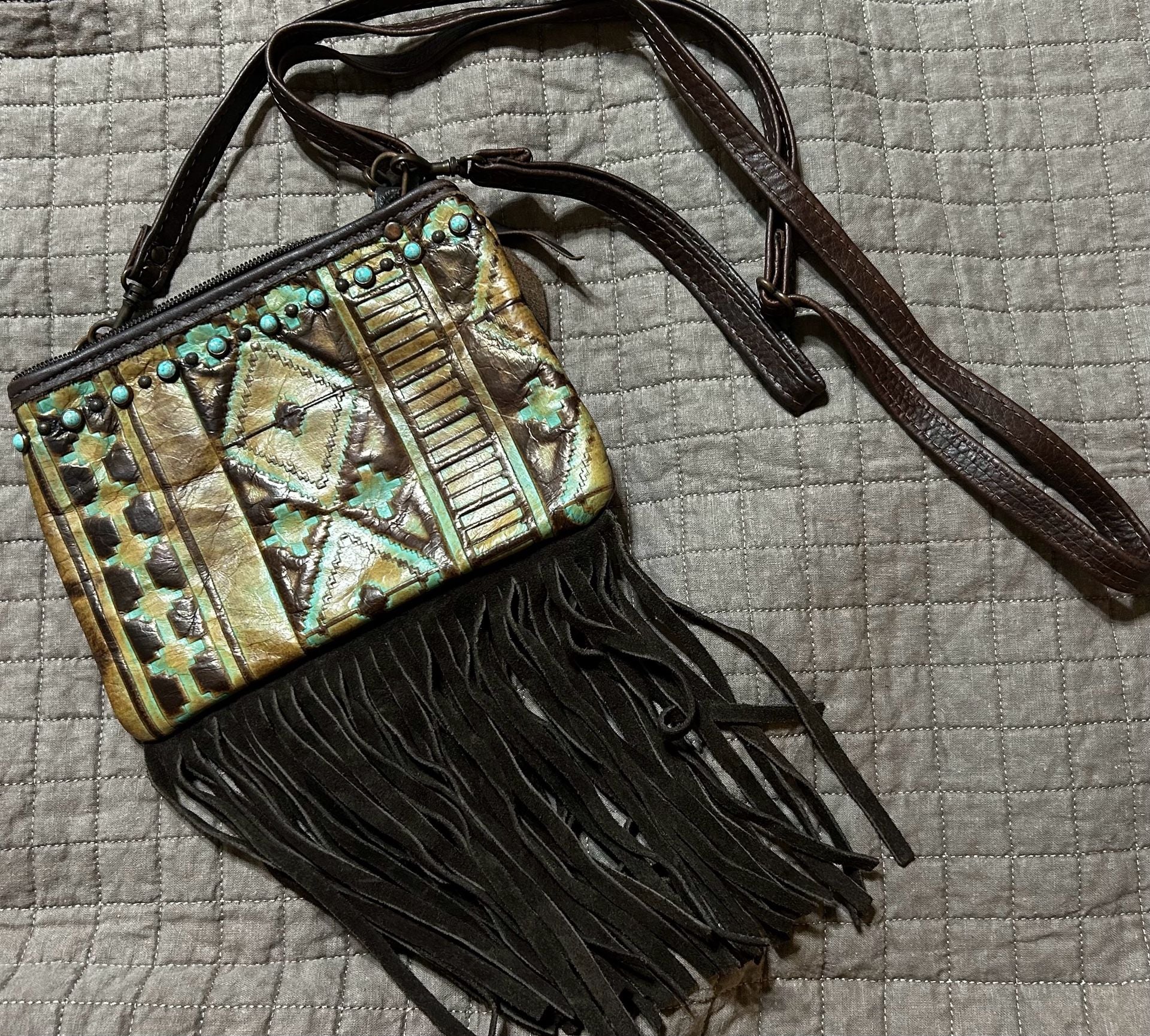 Double J Saddlery Laredo Little Clutch Turquoise Brown Leather Crossbody Bag 8