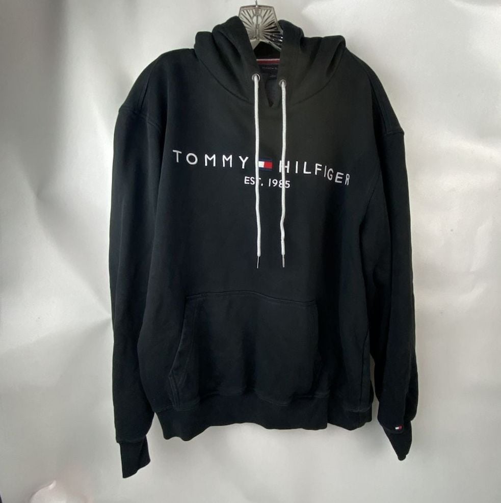 Tommy Hilfiger Black Hoodie with White Accents and Embroidered Logo 2XL 2