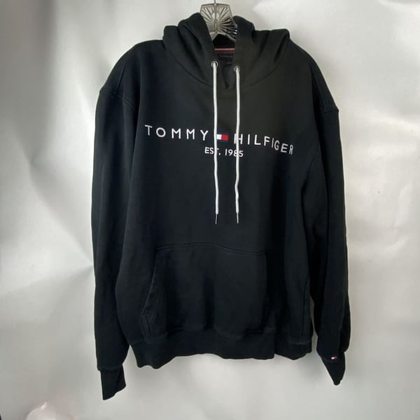 Tommy Hilfiger Black Hoodie with White Accents and Embroidered Logo 2XL