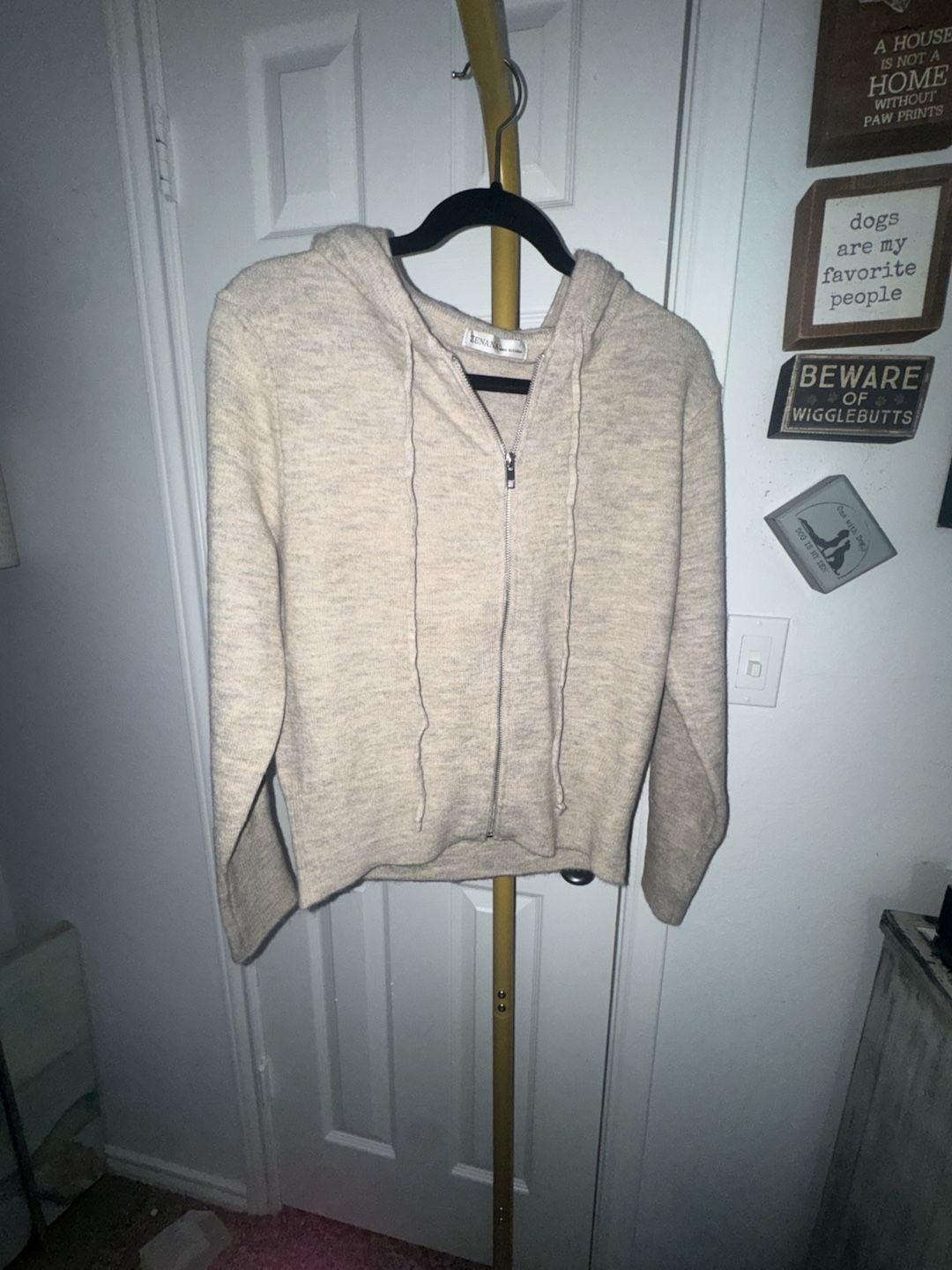 Zenana Knit Zip Up Hoodie Size L Beige Heather Sweater 2