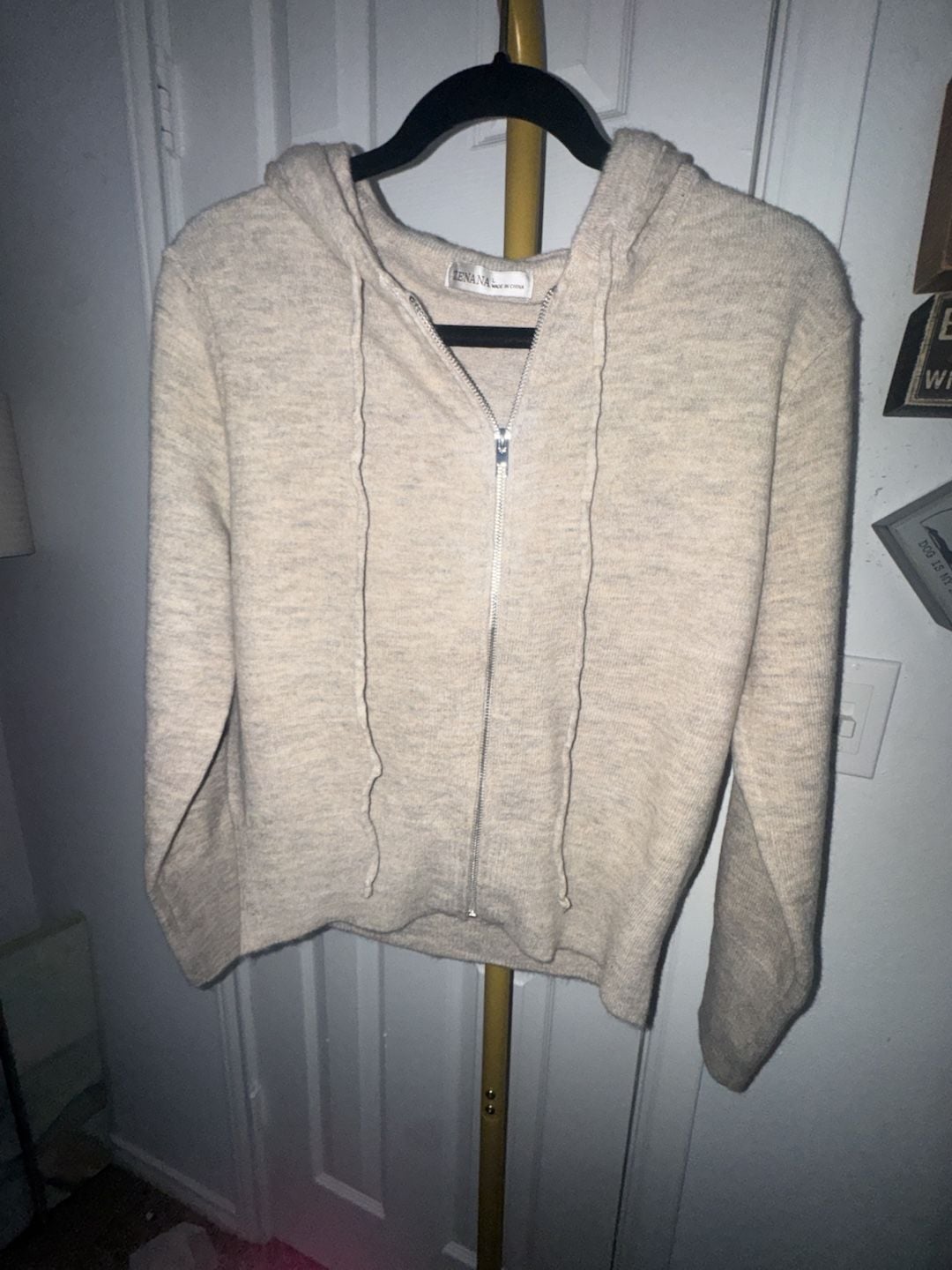 Zenana Knit Zip Up Hoodie Size L Beige Heather Sweater 3