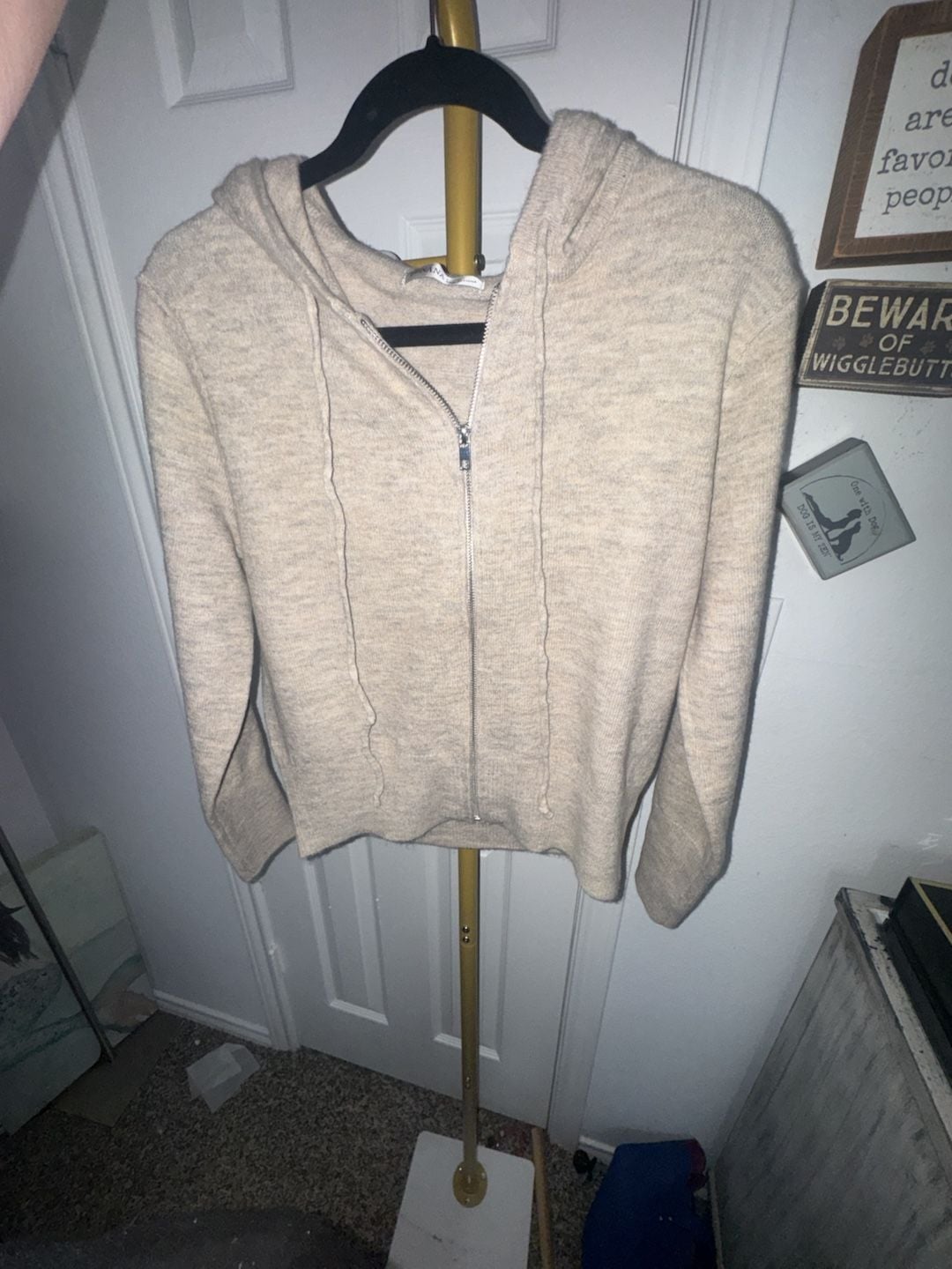 Zenana Knit Zip Up Hoodie Size L Beige Heather Sweater 6