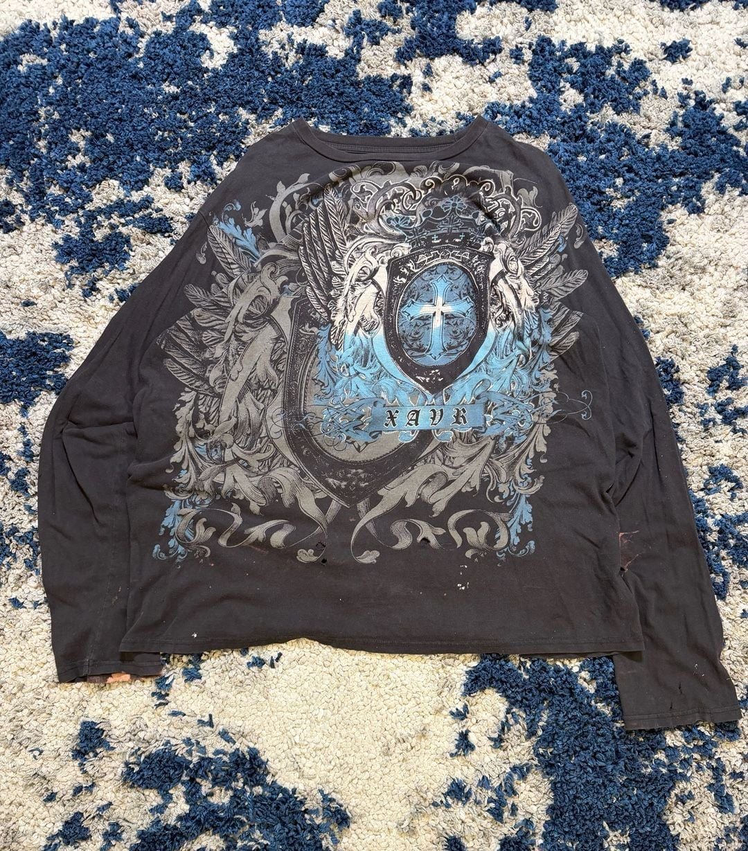 Black Long Sleeve Graphic T-Shirt Size 2X Shield Cross Y2K Grunge 2