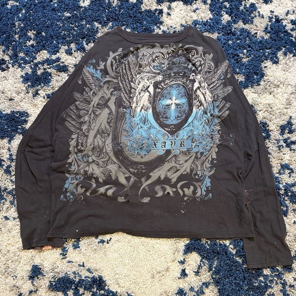 Black Long Sleeve Graphic T-Shirt Size 2X Shield Cross Y2K Grunge