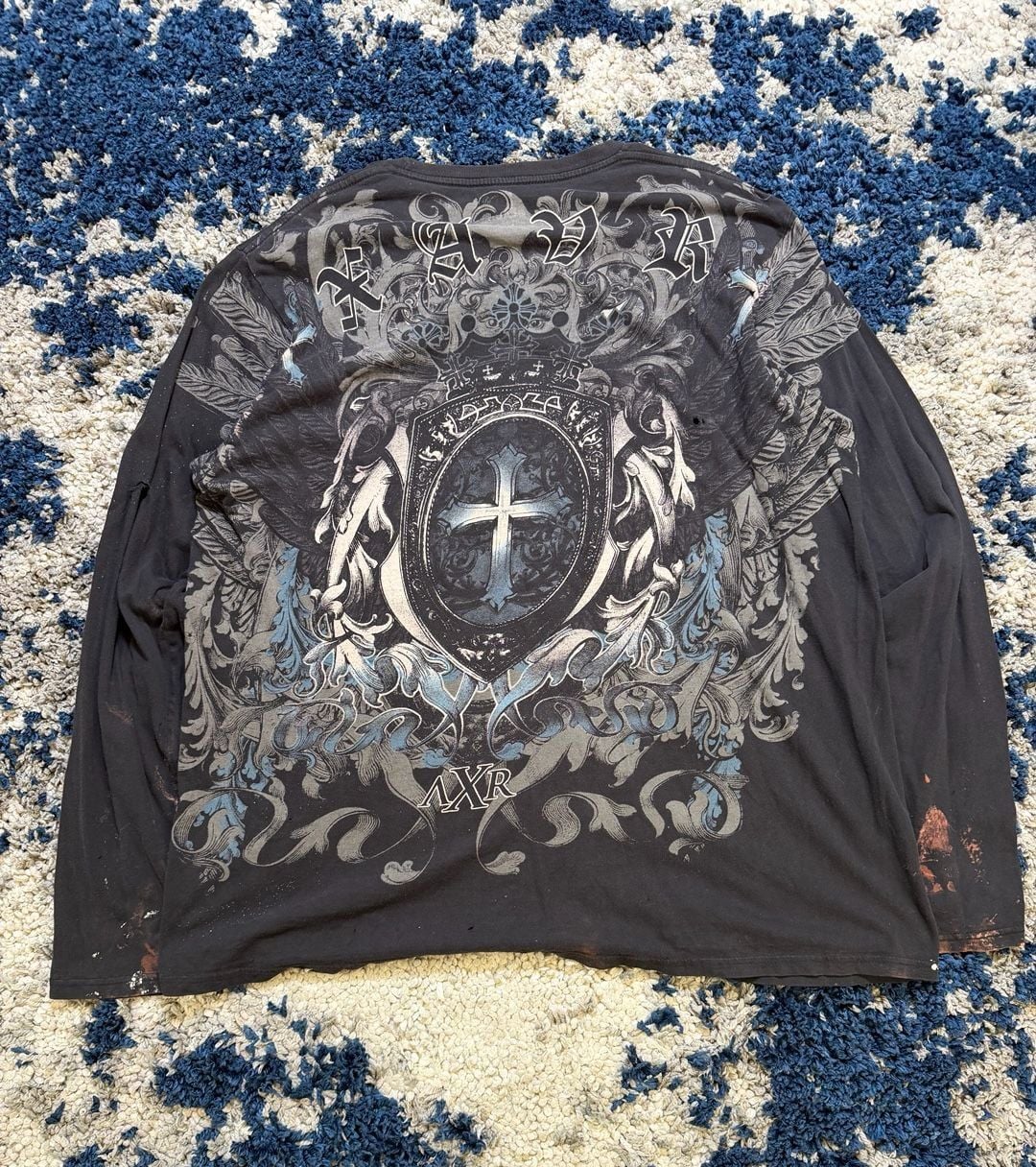 Black Long Sleeve Graphic T-Shirt Size 2X Shield Cross Y2K Grunge 3