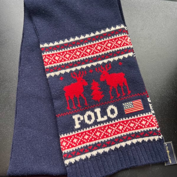 Polo Ralph Lauren Reindeer Fair Isle Lambswool Scarf Navy Red
