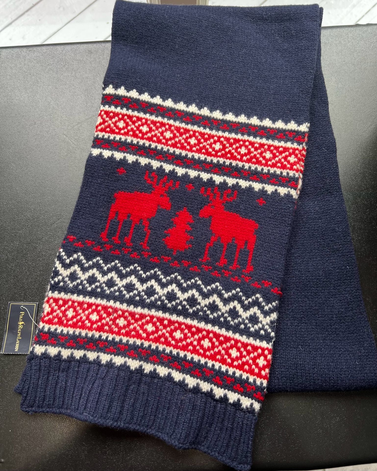 Polo Ralph Lauren Reindeer Fair Isle Lambswool Scarf Navy Red 4
