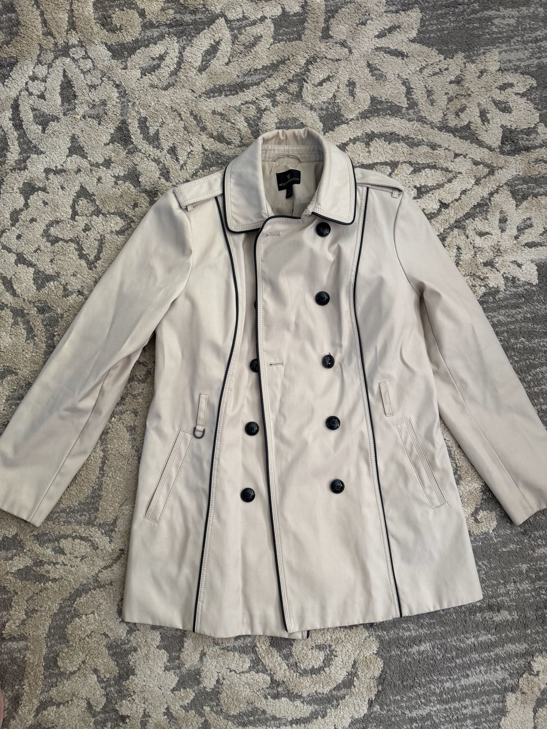 Worthington Trench Coat Size L Cream Black Piping Double Breasted Jacket 2
