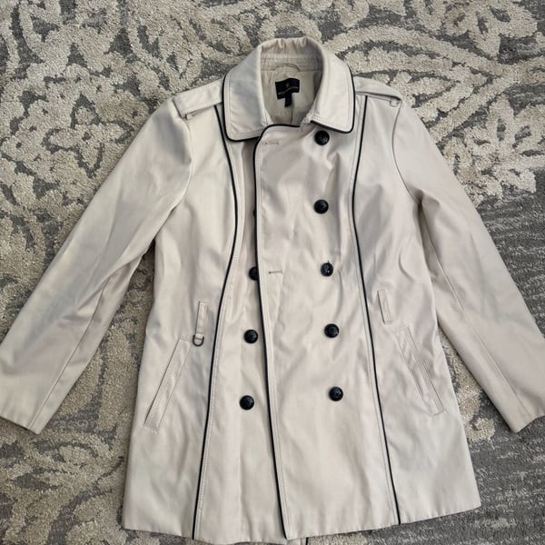 Worthington Trench Coat Size L Cream Black Piping Double Breasted Jacket