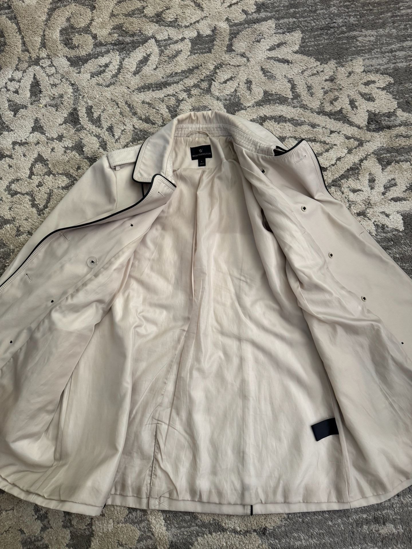 Worthington Trench Coat Size L Cream Black Piping Double Breasted Jacket 5