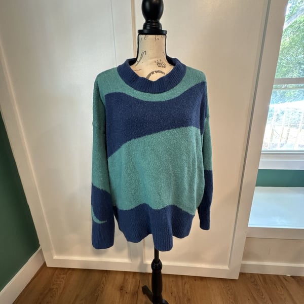 Ava & Viv Sweater Size 2X Blue Green Striped Oversized Crewneck