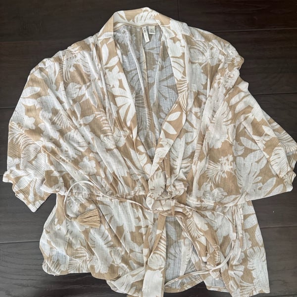 Cato Floral Kimono Size XL Beige White Tropical Leaf Tassels