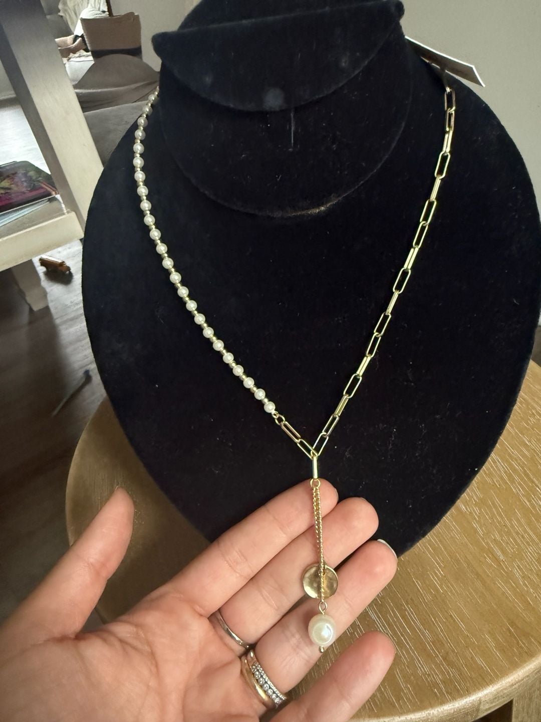 Lucky Brand Mixed Pearl And Paperclip Chain Lariat Necklace Gold 2