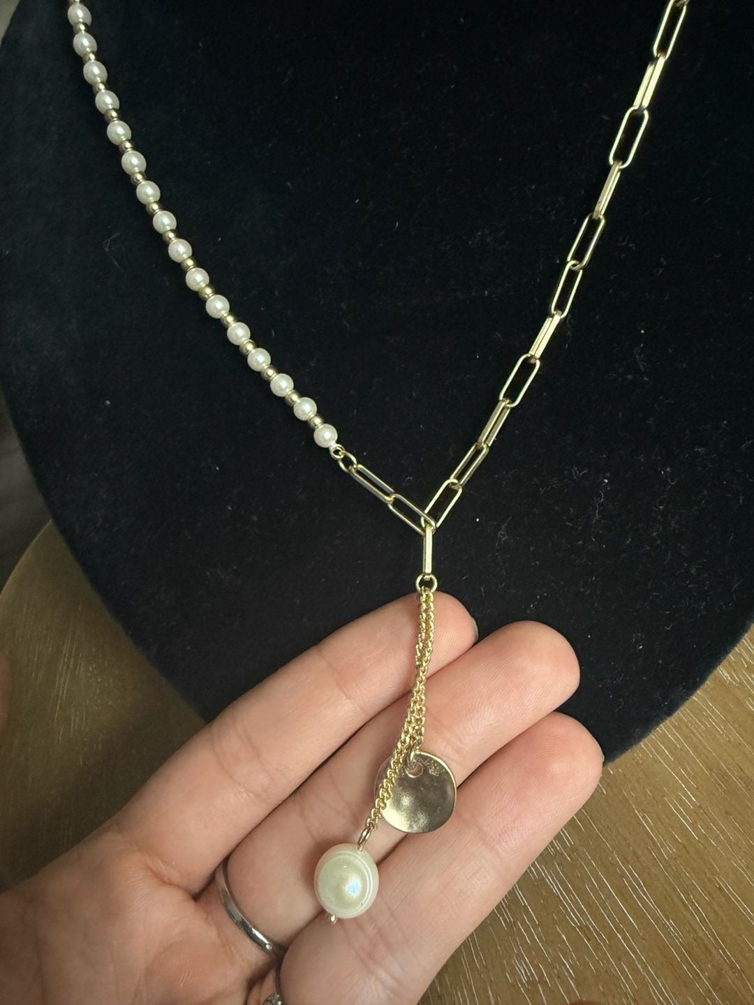 Lucky Brand Mixed Pearl And Paperclip Chain Lariat Necklace Gold 3