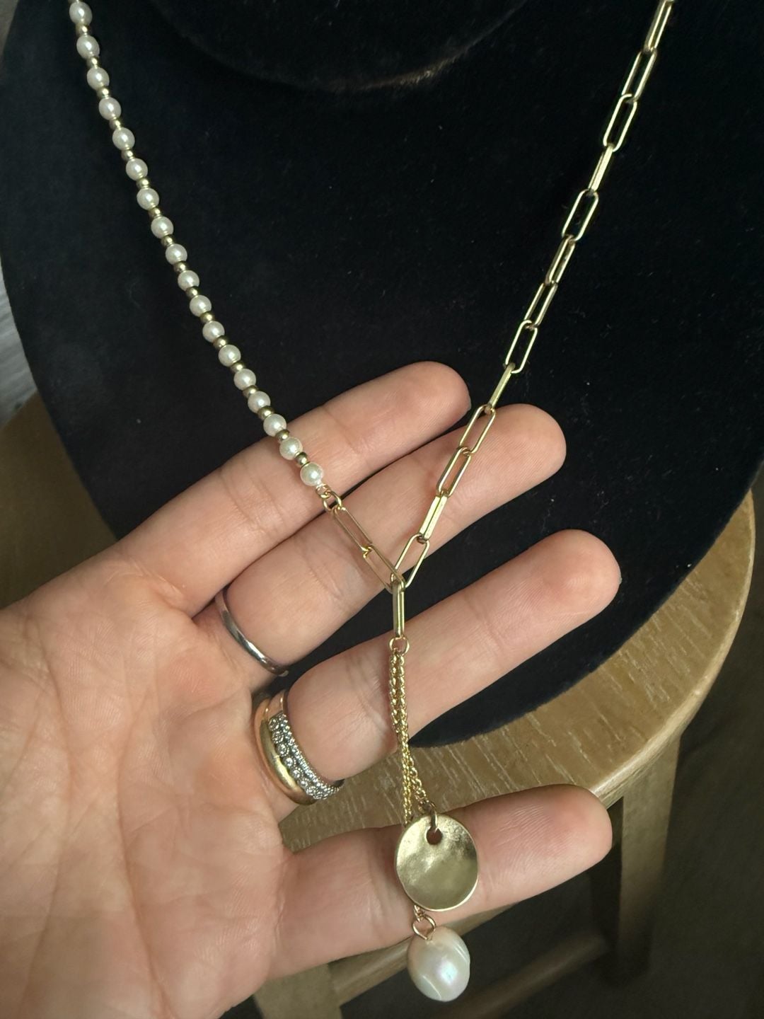 Lucky Brand Mixed Pearl And Paperclip Chain Lariat Necklace Gold 6