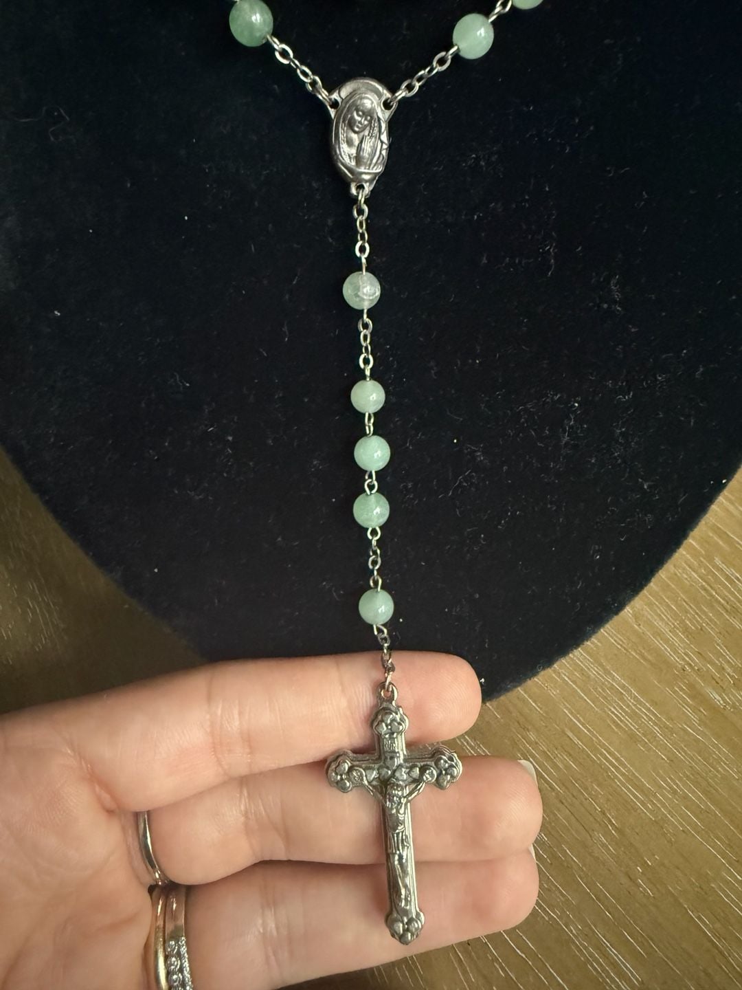 Italy Rosary Necklace Green Beaded Silver-Tone Crucifix 3