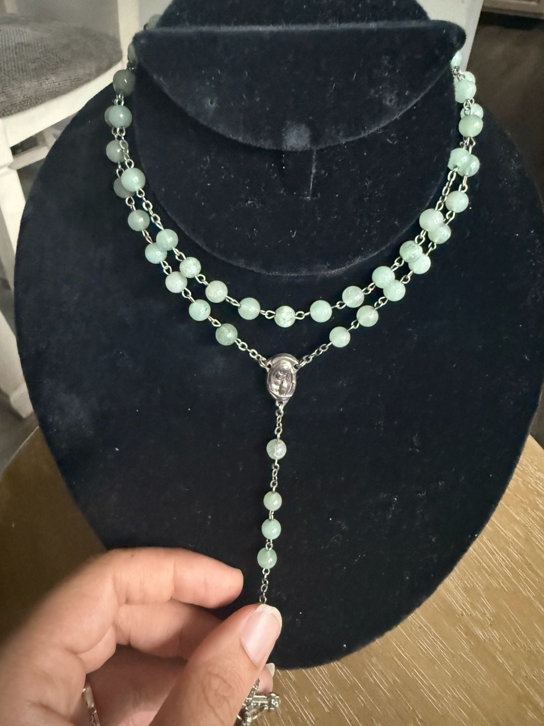 Italy Rosary Necklace Green Beaded Silver-Tone Crucifix 4