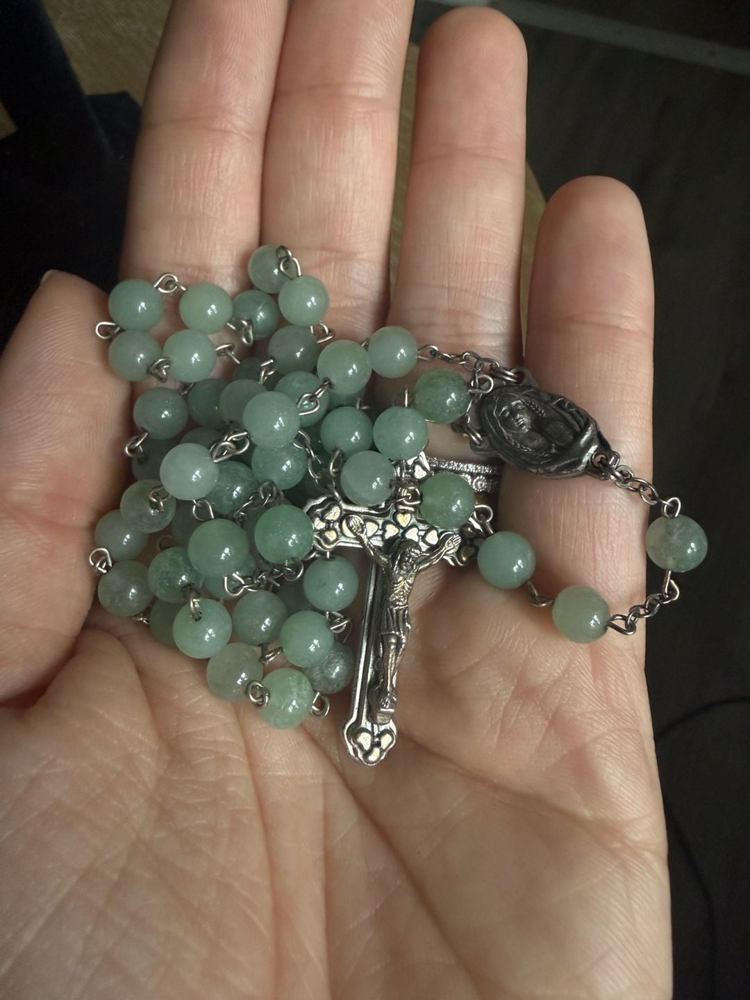 Italy Rosary Necklace Green Beaded Silver-Tone Crucifix 6