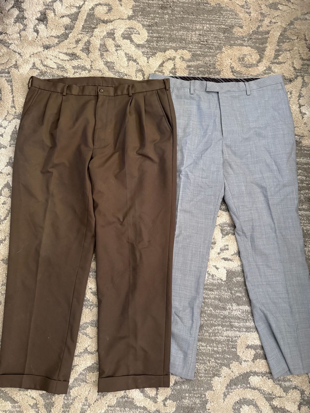 Van Heusen & Woolmark Dress Pants Size 40/32 Brown Polyester Flat Front & 40/34 grey pants 1