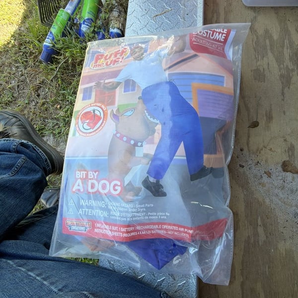 Joyfy Adults Halloween Inflatable Costumes, Bitten by a Dog Blow Up Costume with Blue Pants and Gray Biting Dog for Halloween Themed Cosplay Party - .com