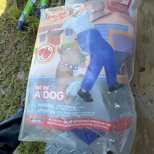 Joyfy Adults Halloween Inflatable Costumes, Bitten by a Dog Blow Up Costume with Blue Pants and Gray Biting Dog for Halloween Themed Cosplay Party - .com
